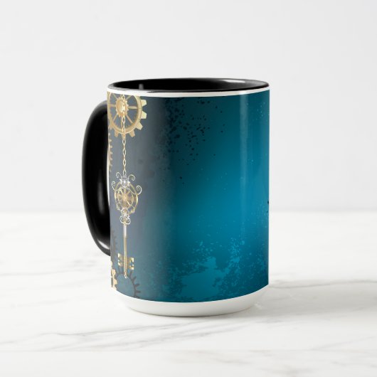 Steampunk turquoise achtergrond met tandwielen mok (Voorkant links)