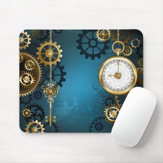 Steampunk turquoise Achtergrond met tandwielen Muismat (Met muis)