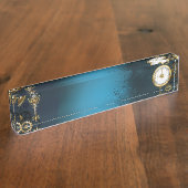 Steampunk turquoise achtergrond met tandwielen naambordje (Zijkant)