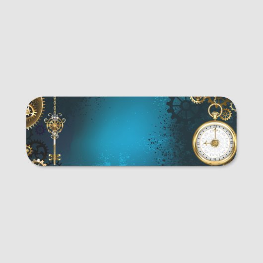 Steampunk turquoise achtergrond met tandwielen naamplaatje (Voorkant)