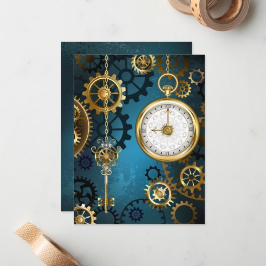 Steampunk turquoise Achtergrond met tandwielen Notitiekaartje (Voorkant / Achterkant in situ)