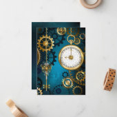 Steampunk turquoise Achtergrond met tandwielen Notitiekaartje (Voorkant / Achterkant in situ)
