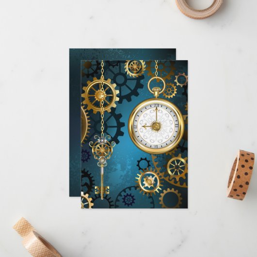 Steampunk turquoise Achtergrond met tandwielen Notitiekaartje (Voorkant / Achterkant in situ)