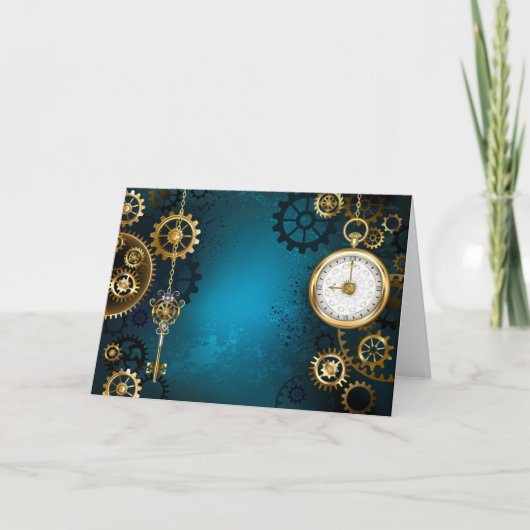 Steampunk turquoise Achtergrond met tandwielen Notitiekaartje (Voorkant)