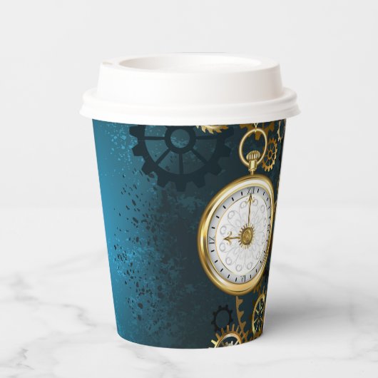 Steampunk turquoise Achtergrond met tandwielen Papieren Bekers (Achterkant)