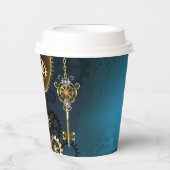 Steampunk turquoise Achtergrond met tandwielen Papieren Bekers (Voorkant)