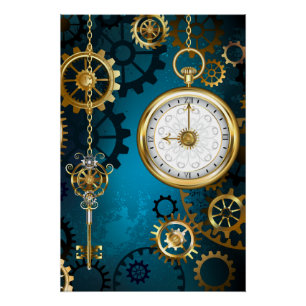 Steampunk turquoise Achtergrond met tandwielen Perfect Poster