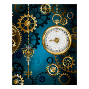 Steampunk turquoise Achtergrond met tandwielen Perfect Poster