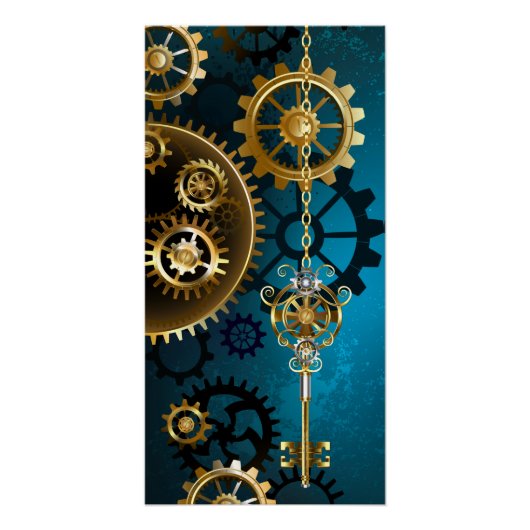 Steampunk turquoise Achtergrond met tandwielen Perfect Poster (Voorkant)