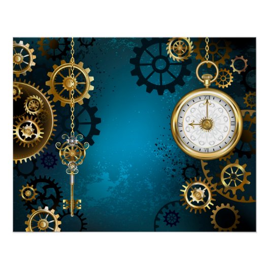 Steampunk turquoise achtergrond met tandwielen perfect poster (Voorkant)