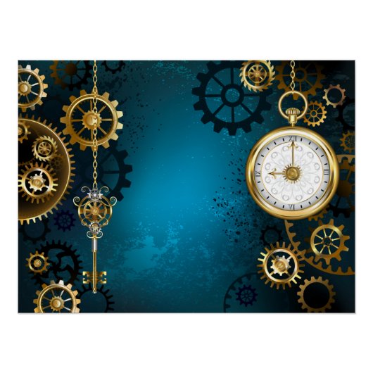 Steampunk turquoise Achtergrond met tandwielen Perfect Poster (Voorkant)