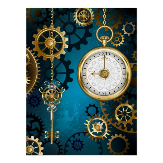 Steampunk turquoise achtergrond met tandwielen perfect poster (Voorkant)