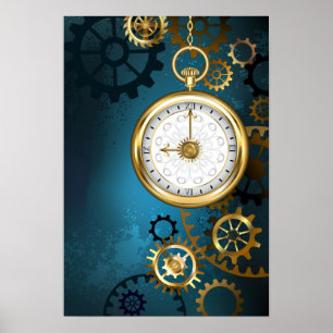 Steampunk turquoise Achtergrond met tandwielen Poster