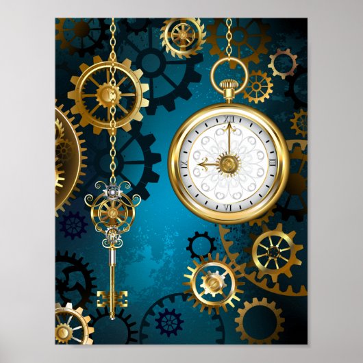 Steampunk turquoise Achtergrond met tandwielen Poster (Voorkant)