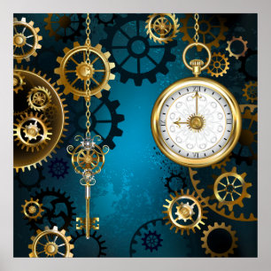 Steampunk turquoise Achtergrond met tandwielen Poster
