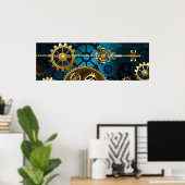 Steampunk turquoise Achtergrond met tandwielen Poster (Thuiskantoor)
