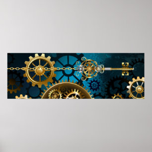 Steampunk turquoise Achtergrond met tandwielen Poster