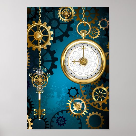 Steampunk turquoise achtergrond met tandwielen poster (Voorkant)