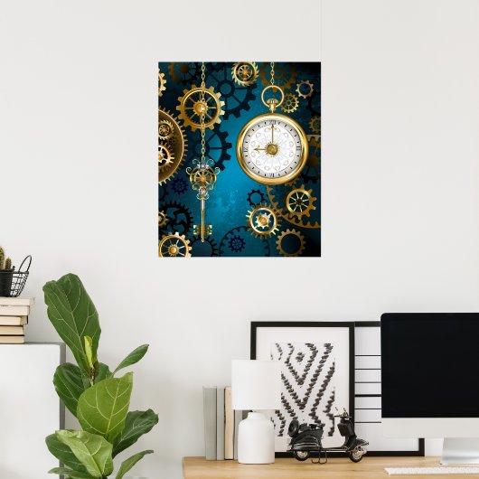 Steampunk turquoise achtergrond met tandwielen poster (Thuiskantoor)