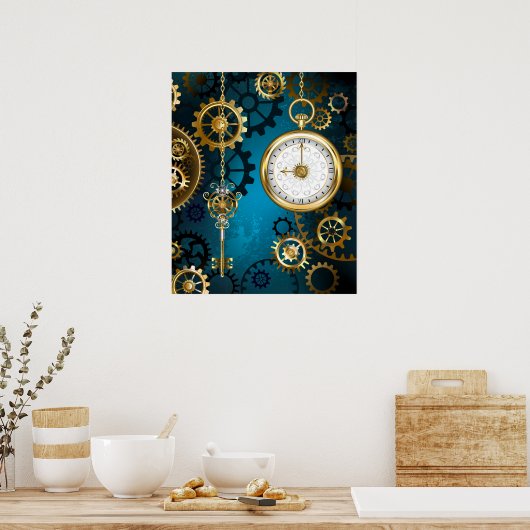 Steampunk turquoise achtergrond met tandwielen poster (Keuken)