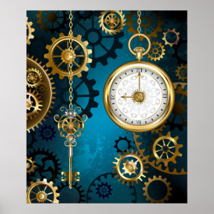Steampunk turquoise Achtergrond met tandwielen Poster