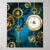 Steampunk turquoise Achtergrond met tandwielen Poster (Voorkant)