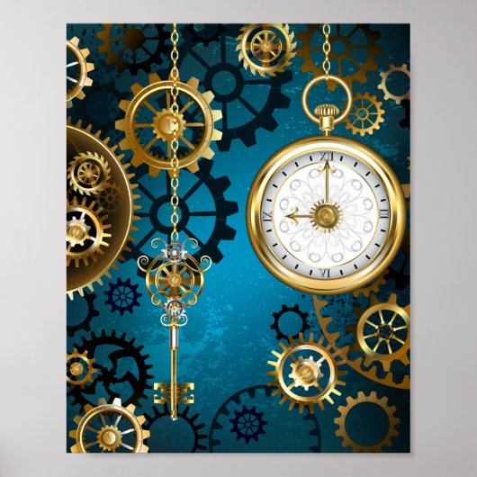 Steampunk turquoise Achtergrond met tandwielen Poster (Voorkant)