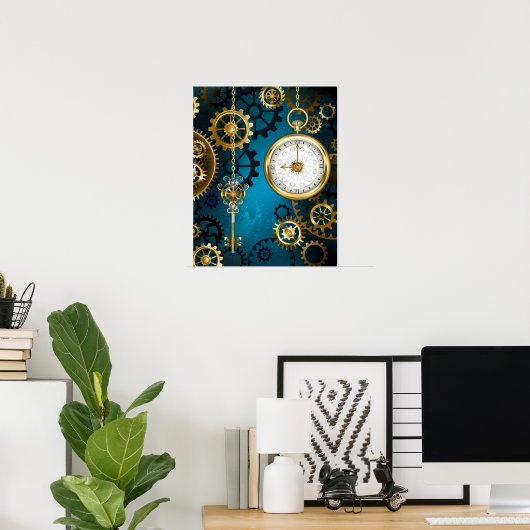 Steampunk turquoise Achtergrond met tandwielen Poster (Thuiskantoor)