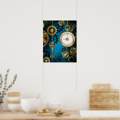 Steampunk turquoise Achtergrond met tandwielen Poster (Keuken)