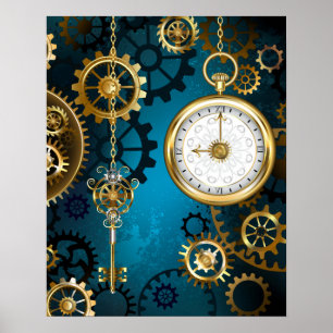 Steampunk turquoise Achtergrond met tandwielen Poster