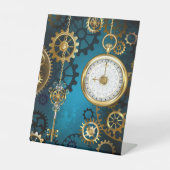 Steampunk turquoise Achtergrond met tandwielen Reclamebord Met Voetstuk (Voorkant)