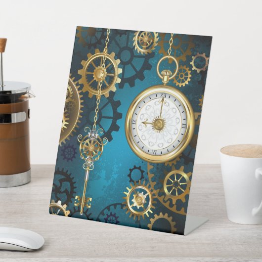 Steampunk turquoise Achtergrond met tandwielen Reclamebord Met Voetstuk (Insitu)