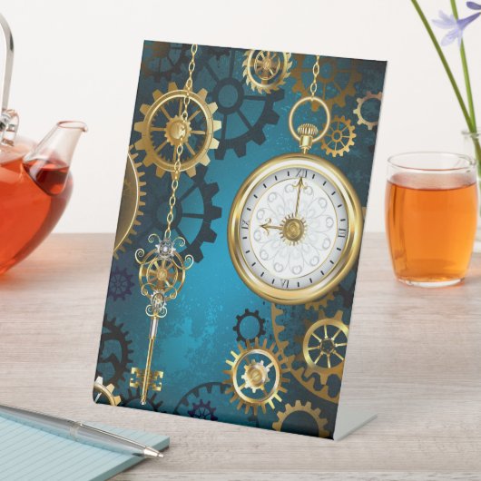 Steampunk turquoise Achtergrond met tandwielen Reclamebord Met Voetstuk (Insitu)