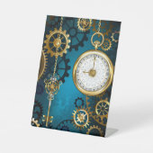 Steampunk turquoise Achtergrond met tandwielen Reclamebord Met Voetstuk (Voorkant)