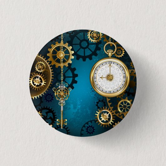 Steampunk turquoise Achtergrond met tandwielen Ronde Button 3,2 Cm (Voorkant)