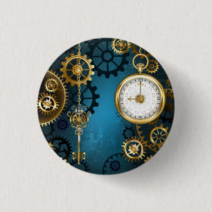 Steampunk turquoise Achtergrond met tandwielen Ronde Button 3,2 Cm