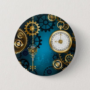 Steampunk turquoise Achtergrond met tandwielen Ronde Button 5,7 Cm