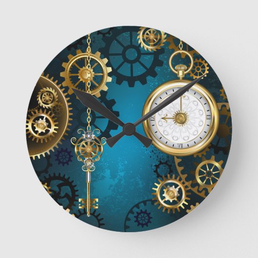 Steampunk turquoise Achtergrond met tandwielen Ronde Klok (Voorkant)