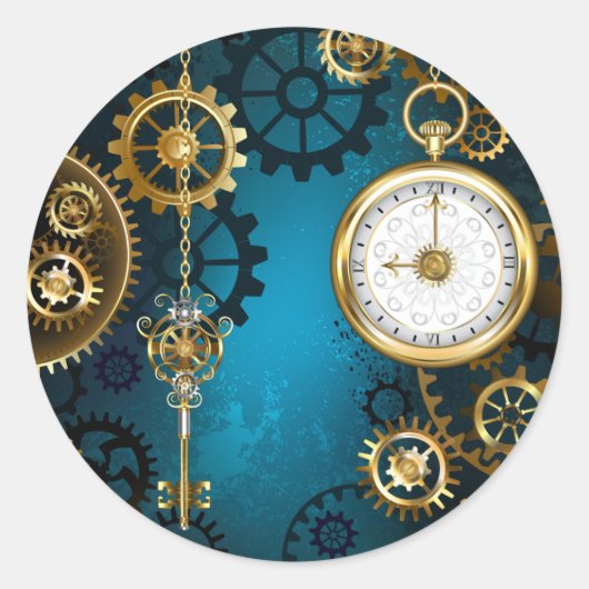 Steampunk turquoise achtergrond met tandwielen ronde sticker (Voorkant)