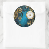 Steampunk turquoise achtergrond met tandwielen ronde sticker (Tas)