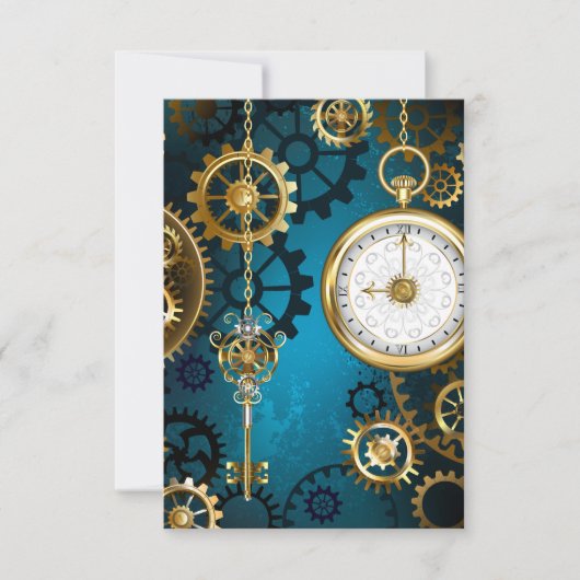 Steampunk turquoise Achtergrond met tandwielen RSVP Kaartje (Voorkant)