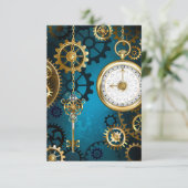 Steampunk turquoise Achtergrond met tandwielen RSVP Kaartje (Staand voorkant)