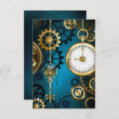 Steampunk turquoise Achtergrond met tandwielen RSVP Kaartje (Voorkant / Achterkant)