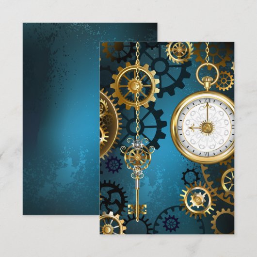 Steampunk turquoise Achtergrond met tandwielen RSVP Kaartje (Voorkant / Achterkant)