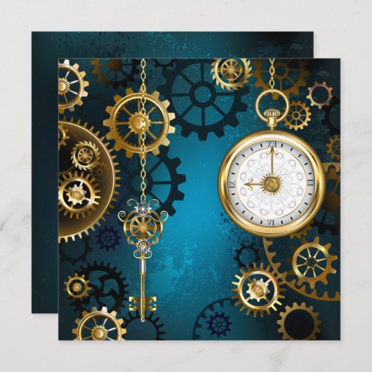 Steampunk turquoise Achtergrond met tandwielen Save The Date (Voorkant / Achterkant)