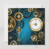 Steampunk turquoise Achtergrond met tandwielen Save The Date (Voorkant)