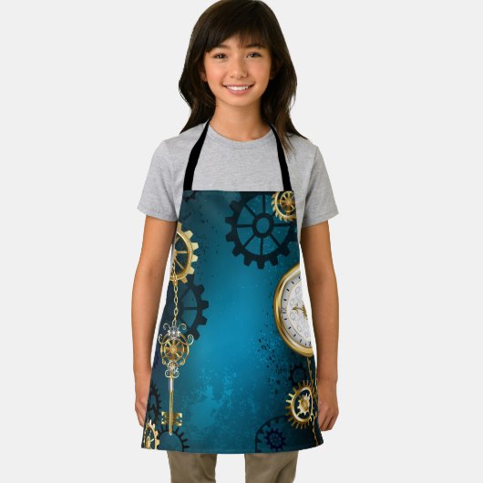 Steampunk turquoise Achtergrond met tandwielen Schort (Insitu)