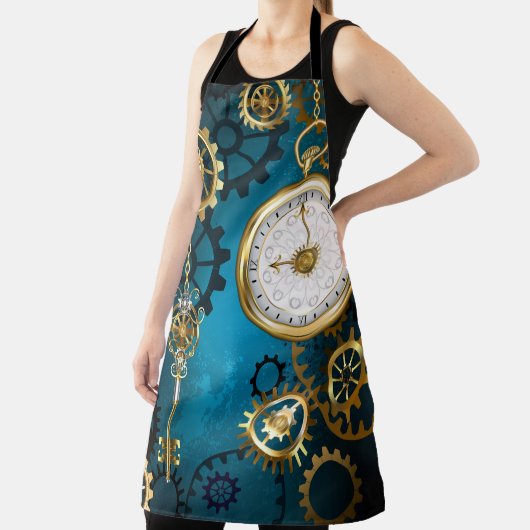 Steampunk turquoise Achtergrond met tandwielen Schort (Insitu)