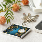 Steampunk turquoise Achtergrond met tandwielen Sleutelhanger (Zijkant)