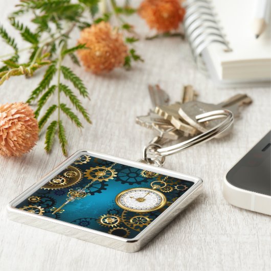 Steampunk turquoise Achtergrond met tandwielen Sleutelhanger (Zijkant)